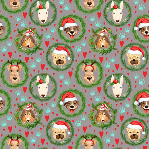 Baumwolle - Weihnachten - Hunde Kränze und Herzen auf grau - Premium Collection